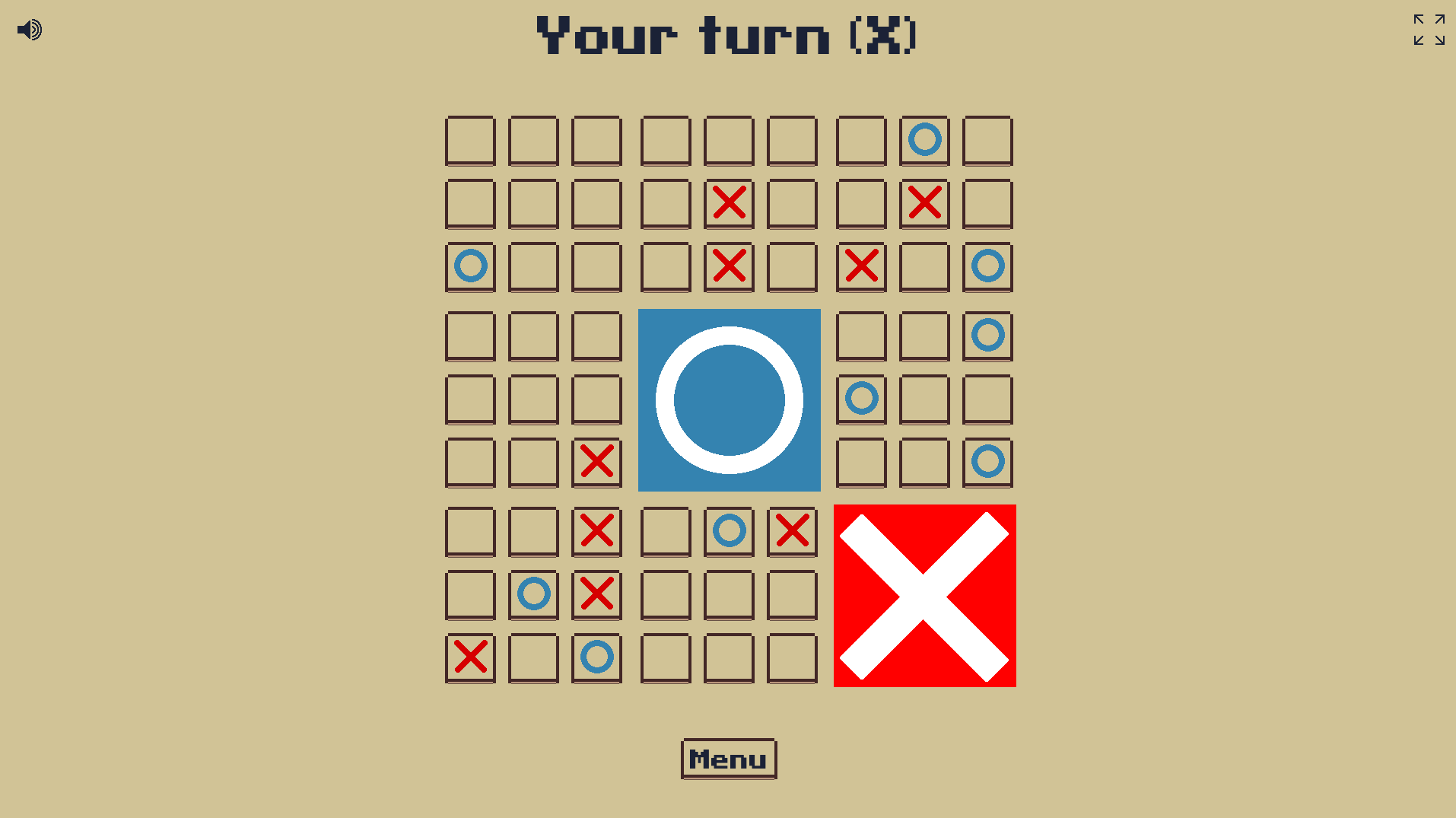 Ultimate Tic Tac Toe: nine nested boards with red crosses and blue circles
